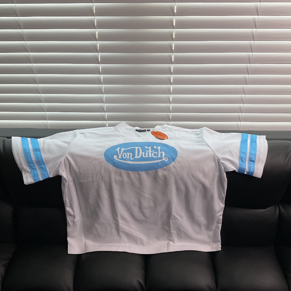 VINTAGE Y2K Von Dutch White & Blue Logo T-Shirt Women's Size Large Cropped Fit